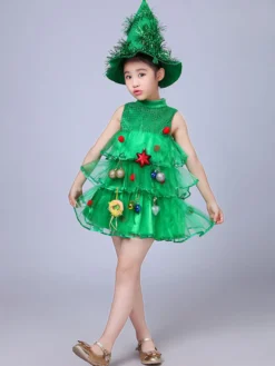 Robe de soirée pour Noël vert Santa Tree Polyester Fiber Hat Dress Costumes de vacances de Noël Ensemble complet