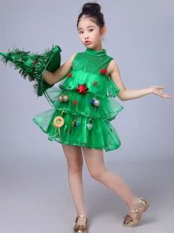 Robe de soirée pour Noël vert Santa Tree Polyester Fiber Hat Dress Costumes de vacances de Noël Ensemble complet