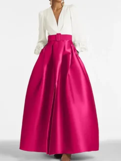 Robe de soirée princesse décolleté en V manches longues fermeture éclair ceinture en satin.