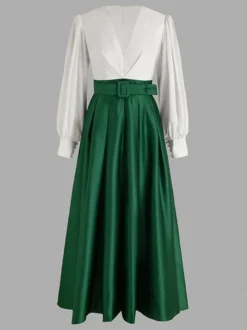Robe de soirée princesse décolleté en V manches longues fermeture éclair ceinture en satin.