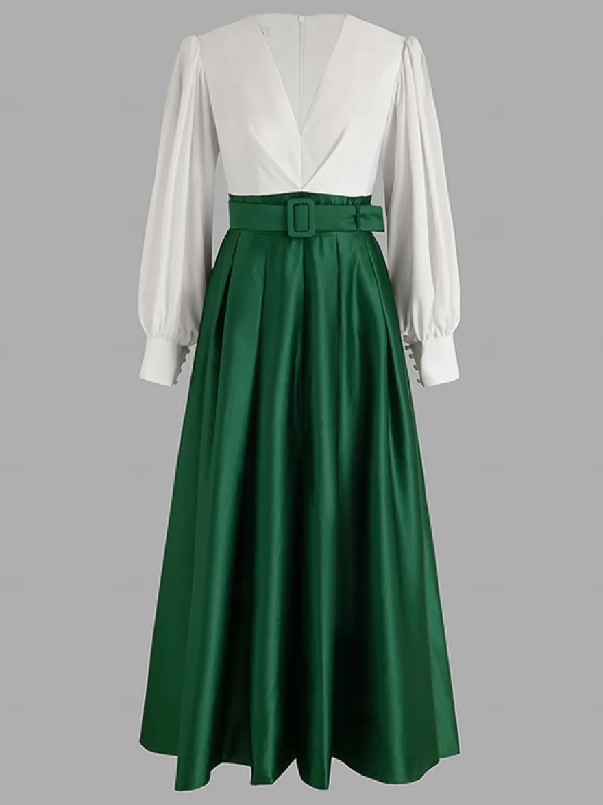 Robe de soirée princesse décolleté en V manches longues fermeture éclair ceinture en satin.