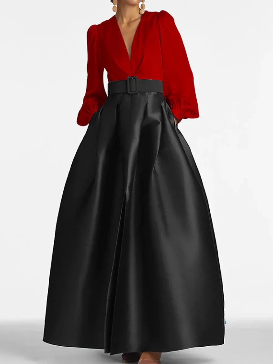 Robe de soirée princesse décolleté en V manches longues fermeture éclair ceinture en satin.