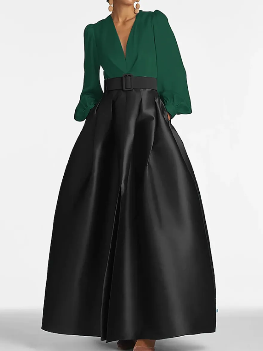 Robe de soirée princesse décolleté en V manches longues fermeture éclair ceinture en satin.