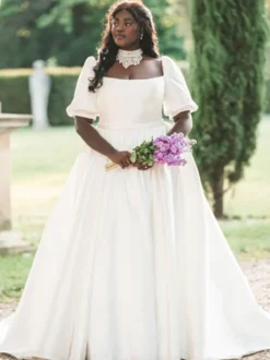 Robe de soirée princesse silhouette col carré tissu satiné longueur au sol boutons robes de soirée sociales
