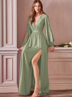 Robe de soirée robe cocktail mariage en satin strech col V manche longue jupe fendue au sol