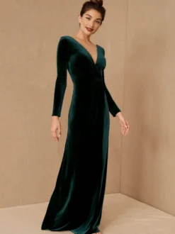 Robe de soirée robe cérémonie femme verte col V manche longue décollecté au sol
