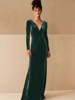 Robe de soirée robe cérémonie femme verte col V manche longue décollecté au sol