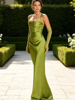 Robe de soirée robe de bal bretelles col en satin robe de cérémonie