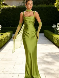 Robe de soirée robe de bal bretelles col en satin robe de cérémonie
