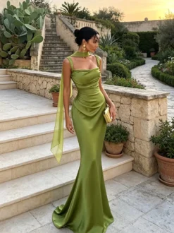 Robe de soirée robe de bal bretelles col en satin robe de cérémonie
