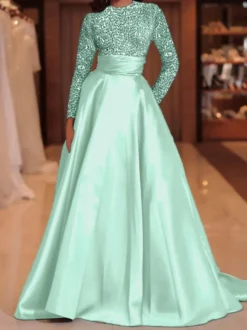Robe de soirée robe de bal col bijou avec traîne manches longues fermeture éclair paillettes velours robes de concours sociales