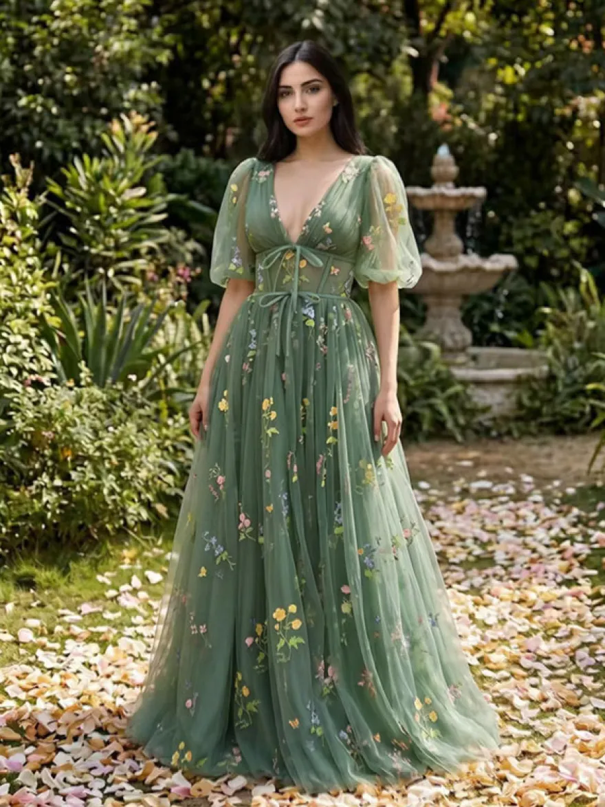 Robe de soirée robe de bal col en V robe de cérémonie longue en dentelle