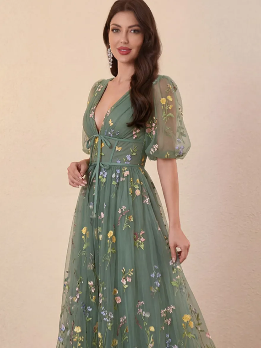 Robe de soirée robe de bal col en V robe de cérémonie longue en dentelle