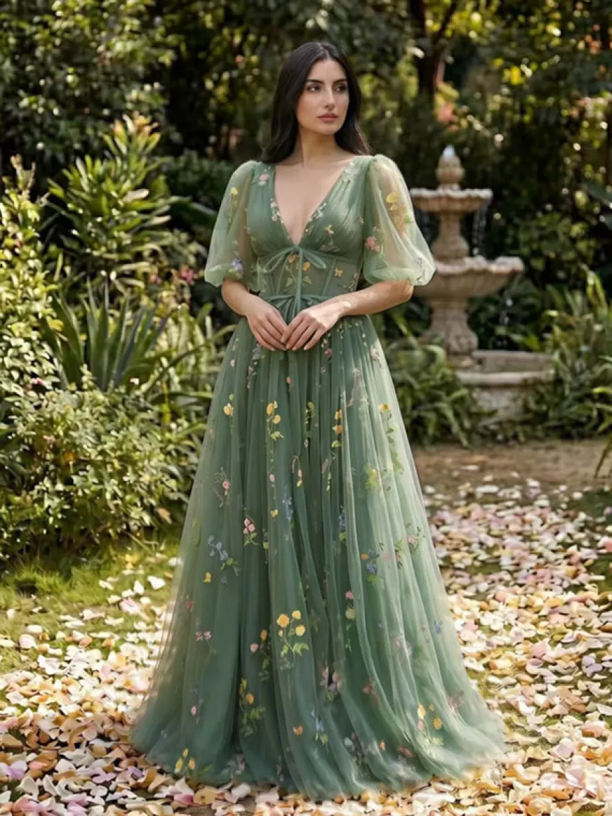 Robe de soirée robe de bal col en V robe de cérémonie longue en dentelle