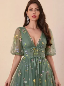 Robe de soirée robe de bal col en V robe de cérémonie longue en dentelle