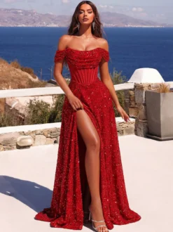 Robe de soirée robe de bal épaules dénudées polyester sequins robe de cocktail