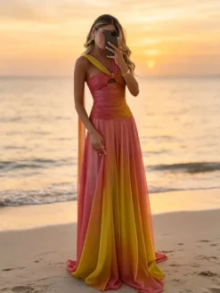Robe de soirée robe de bal sans manches en polyester robe de cérémonie.