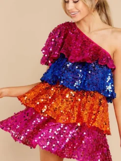 Robe de soirée rose à sequins sans manches moulante et sexy