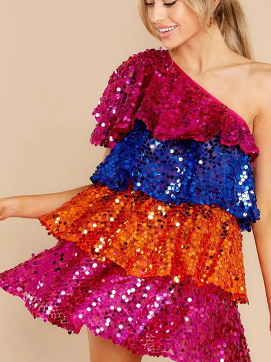 Robe de soirée rose à sequins sans manches moulante et sexy
