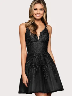 Robe de soirée 2026 sans manches courte A-ligne col en V dentelle polyester bleu clair robe de soirée