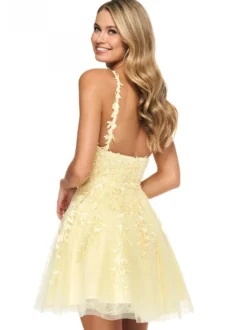 Robe de soirée 2026 sans manches courte A-ligne col en V dentelle polyester bleu clair robe de soirée