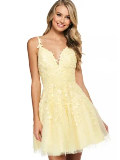 Robe de soirée 2026 sans manches courte A-ligne col en V dentelle polyester bleu clair robe de soirée
