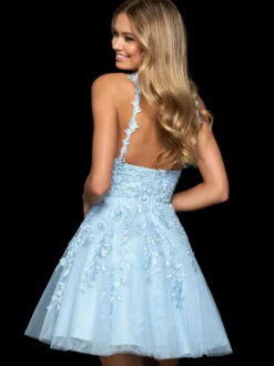 Robe de soirée 2026 sans manches courte A-ligne col en V dentelle polyester bleu clair robe de soirée