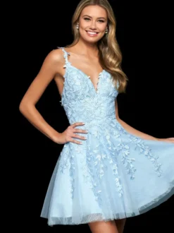 Robe de soirée 2026 sans manches courte A-ligne col en V dentelle polyester bleu clair robe de soirée