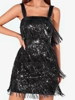 Robe de soirée sexy argentée à sequins épaules dénudées sans manches dos nu en polyester.