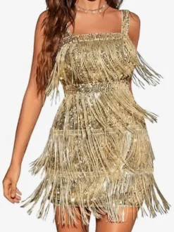 Robe de soirée sexy argentée à sequins épaules dénudées sans manches dos nu en polyester.