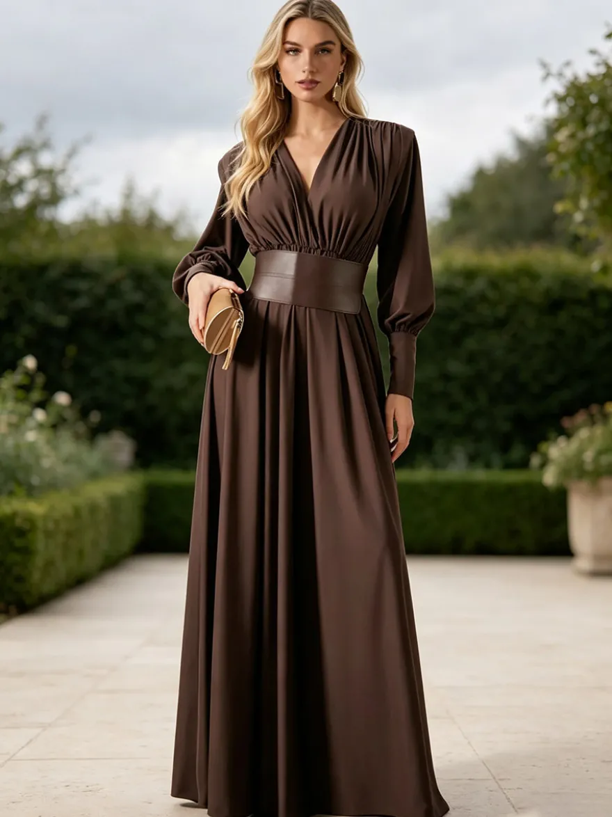 Robe de soirée sexy à col V et ceinture taille haute robe longue pour femme robe de bal formelle