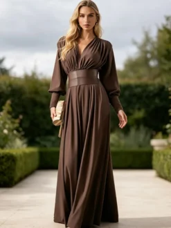 Robe de soirée sexy à col V et ceinture taille haute robe longue pour femme robe de bal formelle