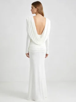 Robe de soirée sexy robe de bal col en V manches longues plissées robe de fête