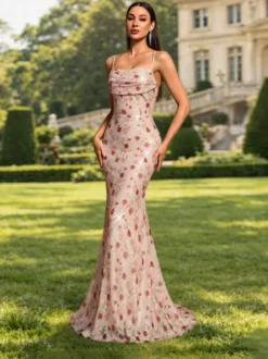 Robe de soirée sirène bustier en polyester à fleurs