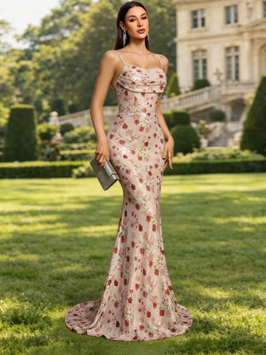 Robe de soirée sirène bustier en polyester à fleurs