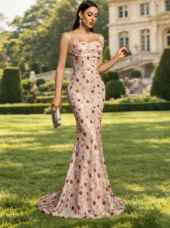 Robe de soirée sirène bustier en polyester à fleurs