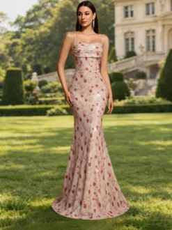 Robe de soirée sirène bustier en polyester à fleurs