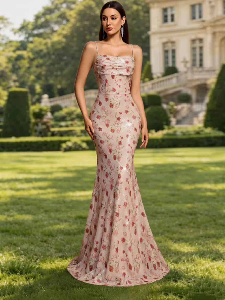 Robe de soirée sirène bustier en polyester à fleurs