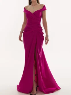 Robe de soirée sirène col en v avec fermeture éclair fente sur le devant tissu satiné robes de soirée sociale