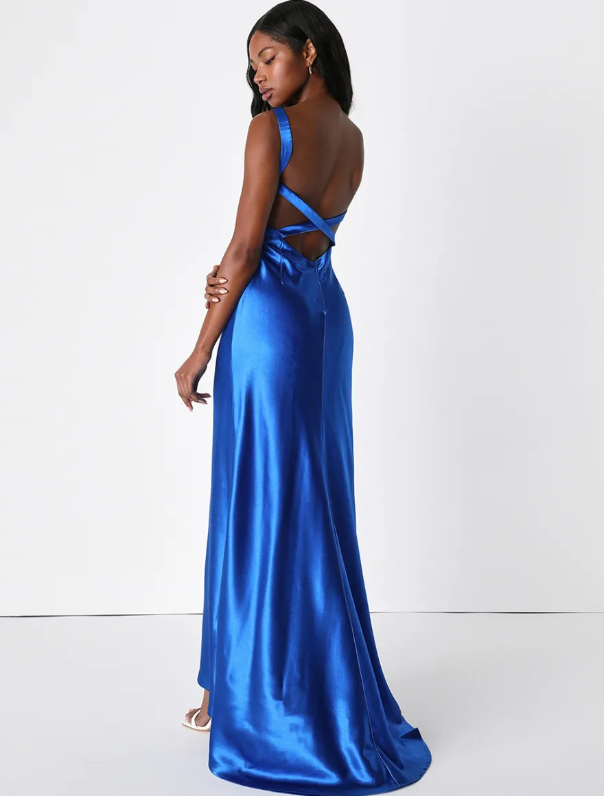 Robe de soirée sirène col en v avec traîne sans manches dos nu tissu satiné robes de soirée formelles