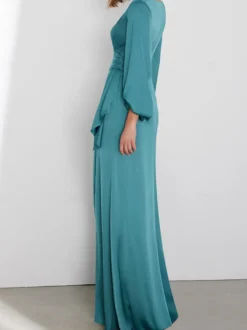 Robe de soirée sirène col en v longueur au sol manches longues fermeture éclair tissu satiné plissé robes de concours sociaux