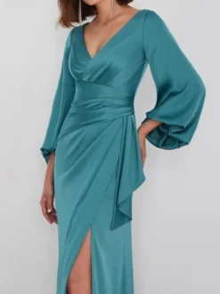 Robe de soirée sirène col en v longueur au sol manches longues fermeture éclair tissu satiné plissé robes de concours sociaux