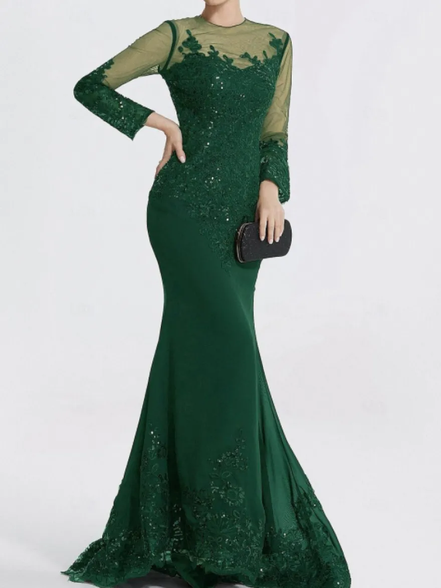 Robe de soirée sirène col en V traîne courte manches longues fermeture éclair appliques paillettes robes de soirée formelles