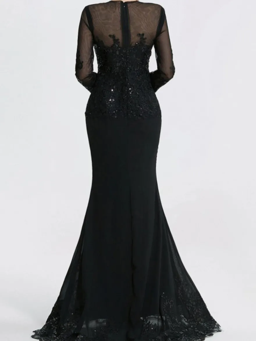 Robe de soirée sirène col en V traîne courte manches longues fermeture éclair appliques paillettes robes de soirée formelles