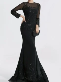 Robe de soirée sirène col en V traîne courte manches longues fermeture éclair appliques paillettes robes de soirée formelles
