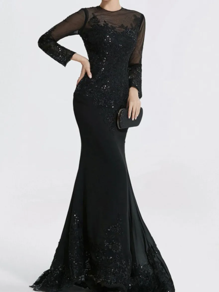 Robe de soirée sirène col en V traîne courte manches longues fermeture éclair appliques paillettes robes de soirée formelles