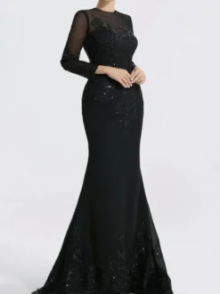 Robe de soirée sirène col en V traîne courte manches longues fermeture éclair appliques paillettes robes de soirée formelles