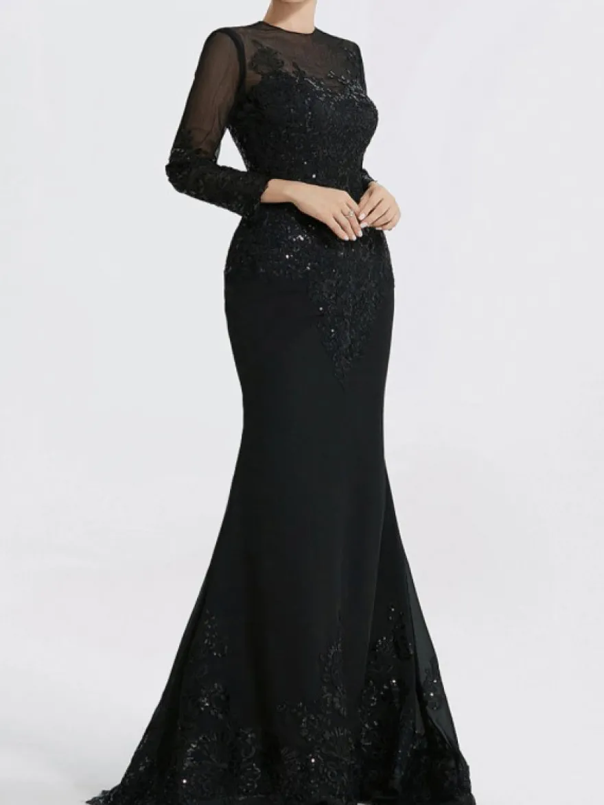 Robe de soirée sirène col en V traîne courte manches longues fermeture éclair appliques paillettes robes de soirée formelles