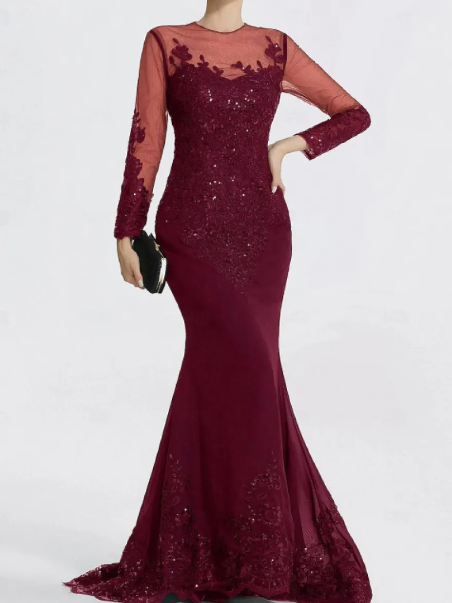 Robe de soirée sirène col en V traîne courte manches longues fermeture éclair appliques paillettes robes de soirée formelles