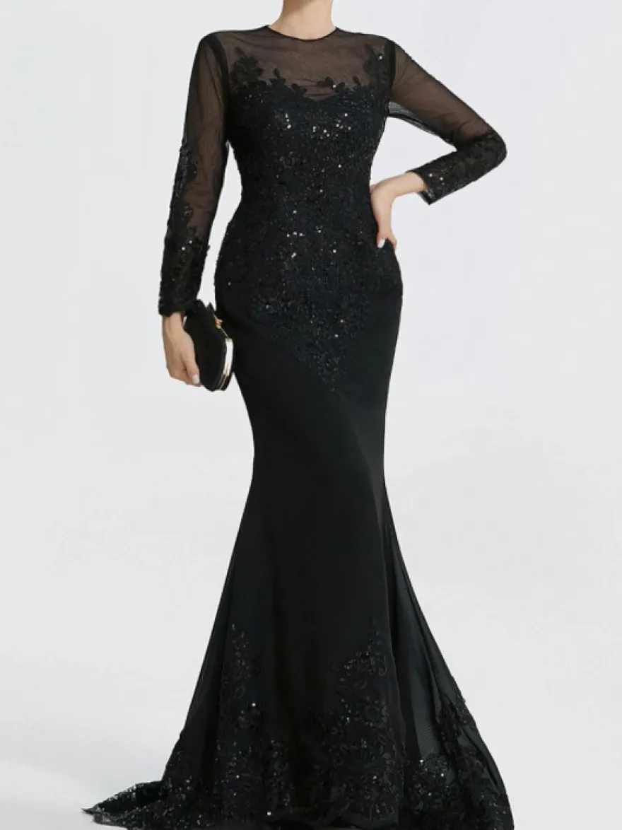 Robe de soirée sirène col en V traîne courte manches longues fermeture éclair appliques paillettes robes de soirée formelles